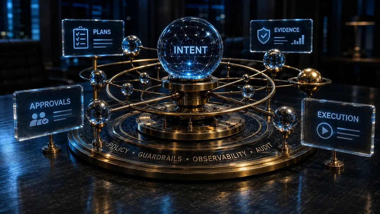 Brass orrery with a glowing Intent sphere surrounded by Plans, Approvals, Evidence, and Execution placards